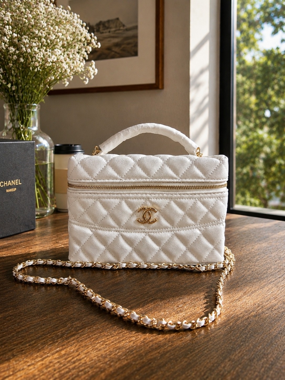 White Quilted Faux Leather Mini Vanity Crossbody Bag with Gold Chain NEW